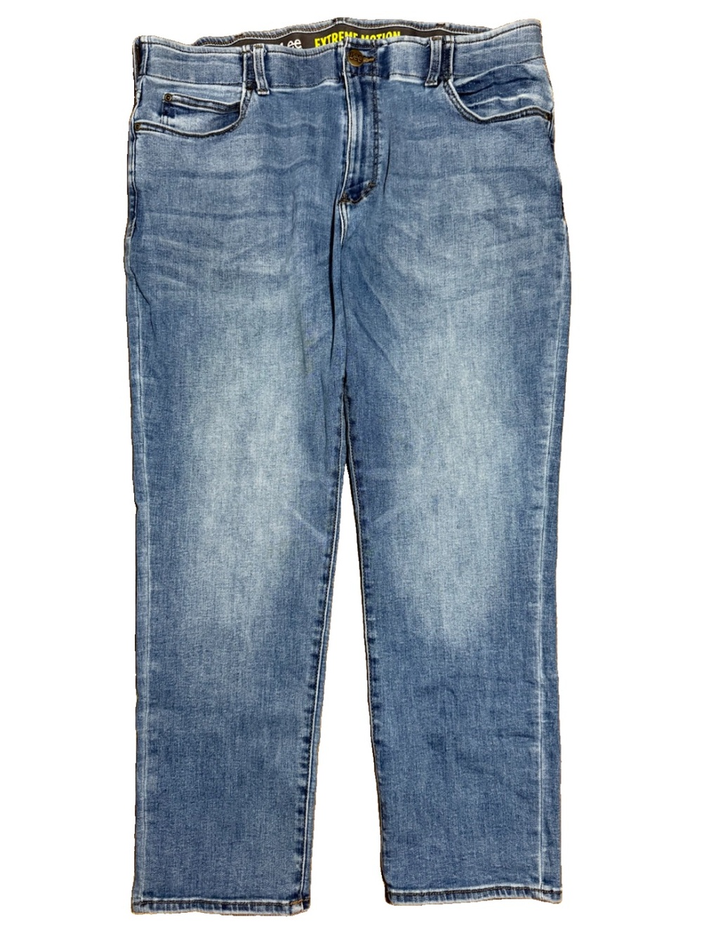 Lee Extreme Motion Straight Fit Tapered Leg Denim Jeans 42 X 30 Whiskered Blue